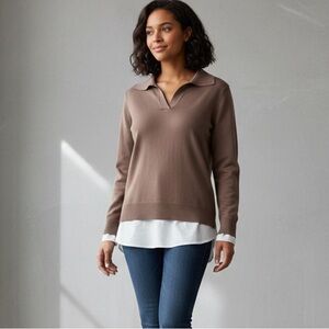 Cable and gauge tan layered collared vneck top